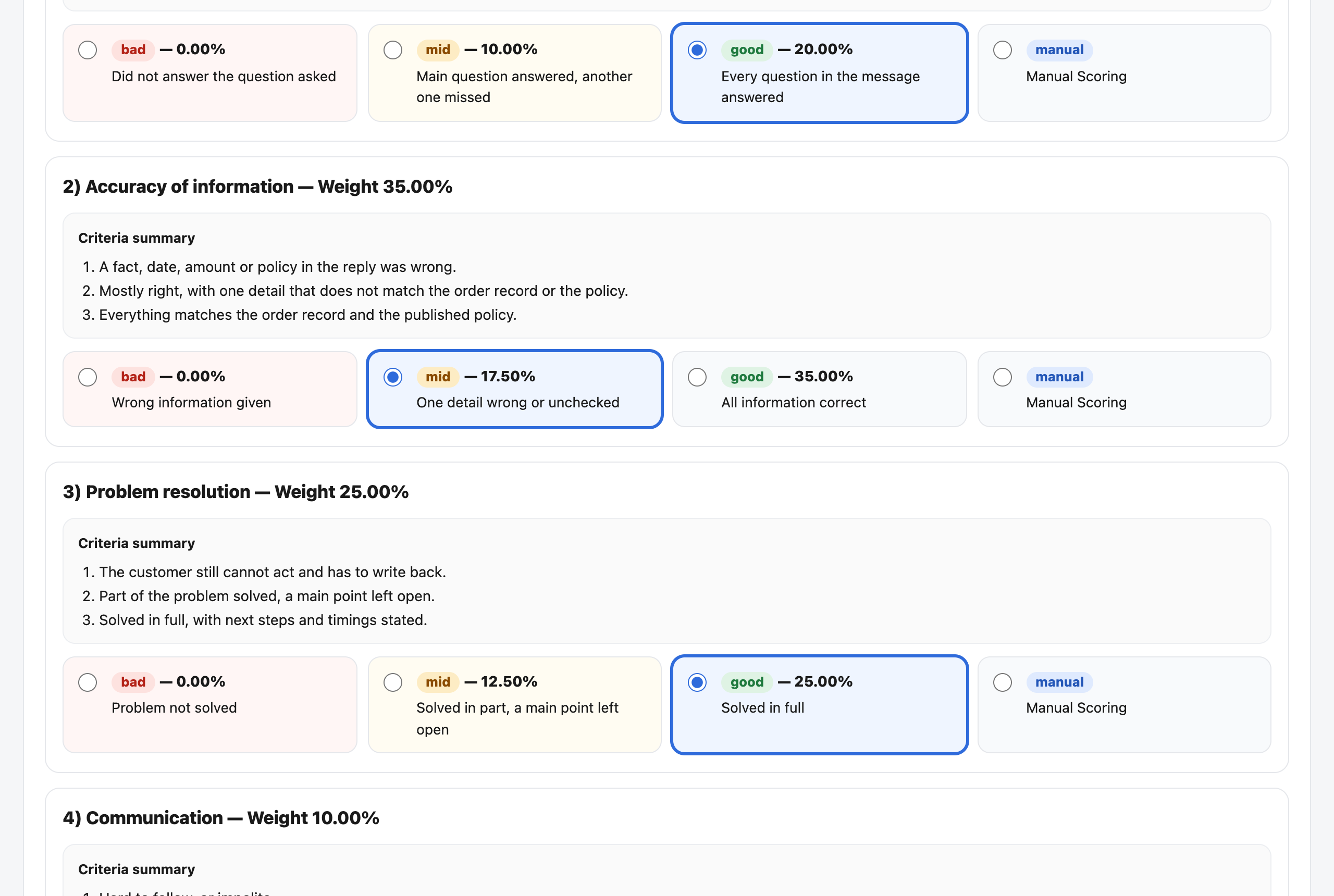 The audit form of the demo: a section called Accuracy of information with a weight of 35 percent, a short summary of the criteria, and four options (bad, mid, good, manual) of which mid is chosen, followed by the next section.